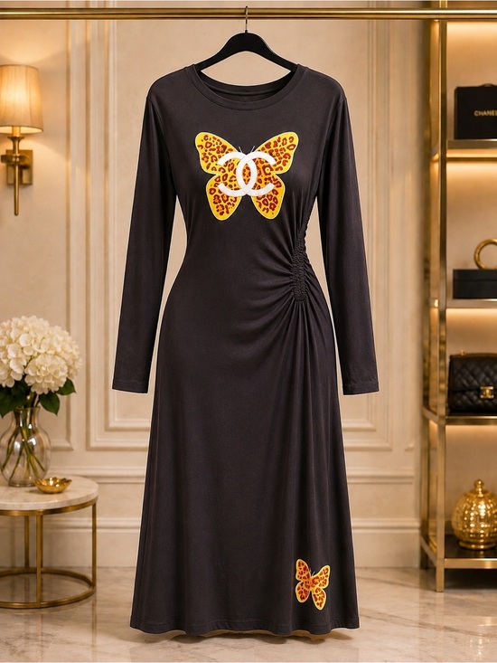 Custommade Dresses & Skirts - Black Long-Sleeve Maxi Dress with Yellow Leopard Butterfly Detail